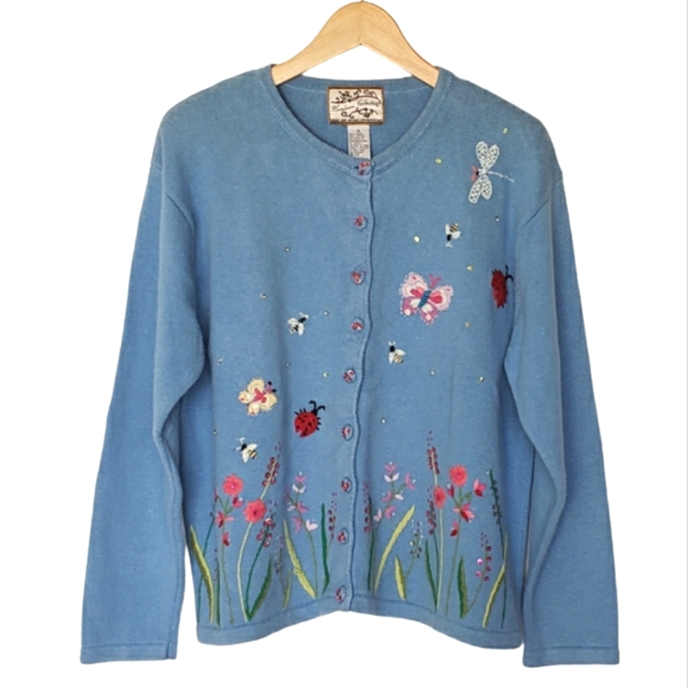 Heirloom Collectibles Vintage Blue Embroidered Sweater Size XL Ladybug Butterfly - Picture 1 of 7